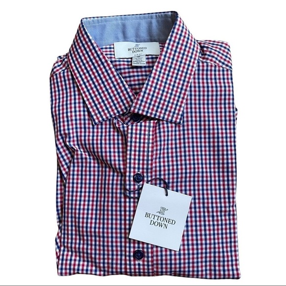 Men's 15.5 Buttoned Down Slim Fit Blue Red Tattersall Check Casual Dress… - Picture 3 of 10